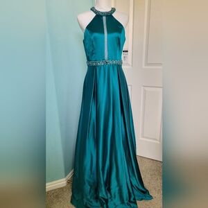NWT Teal Satin Halter Gown